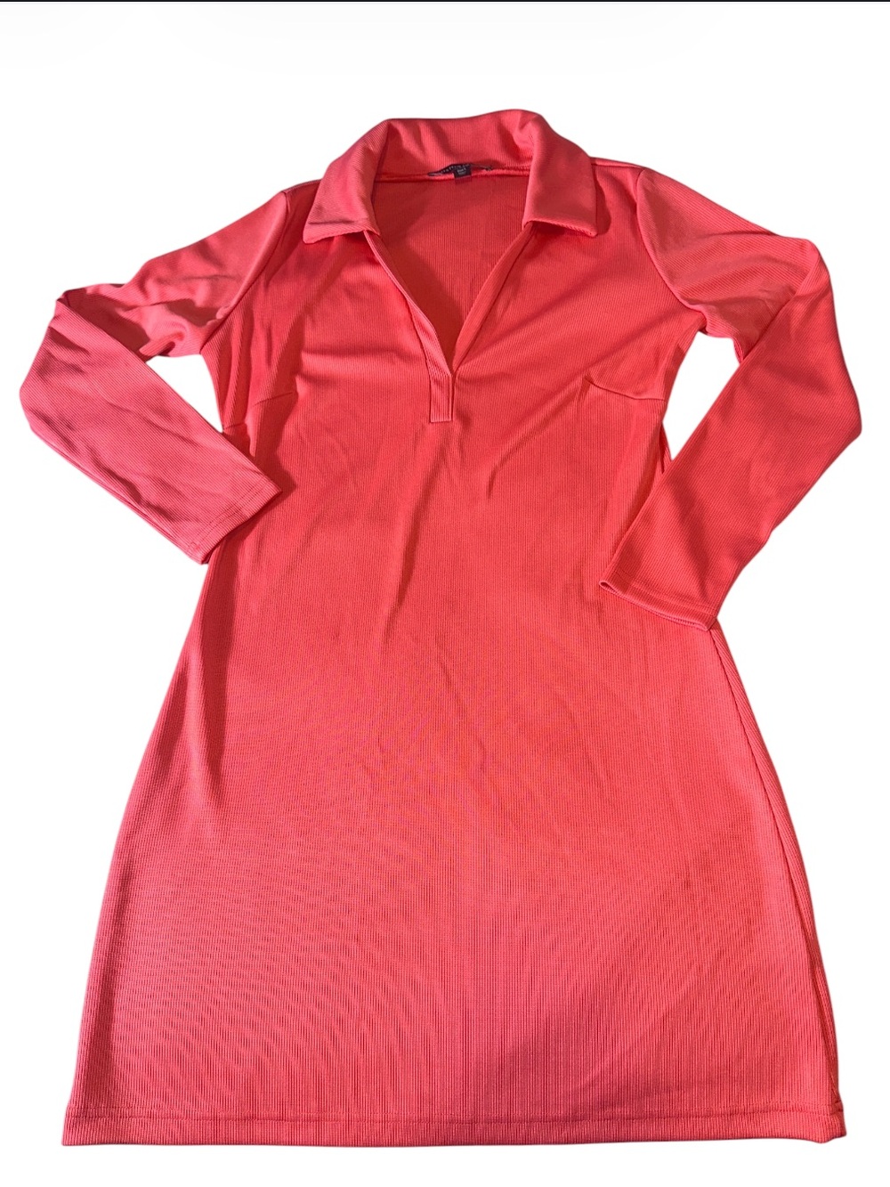 Boston Proper Dubarry Coral Ribbed Knit Long Sleeve Collared Shift Mini Dress S